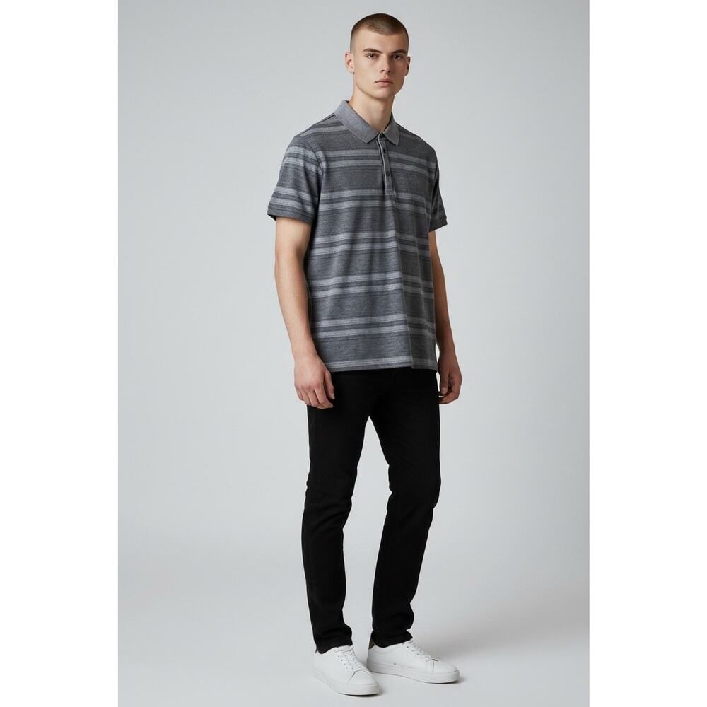 Hugo Boss Men Polo Shirt Size XL Grey Striped Button Regular Fit